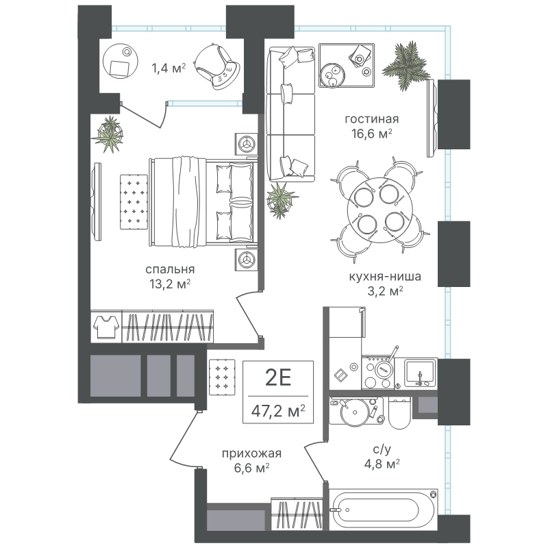 2 ккв (Евро) 45,8 м²