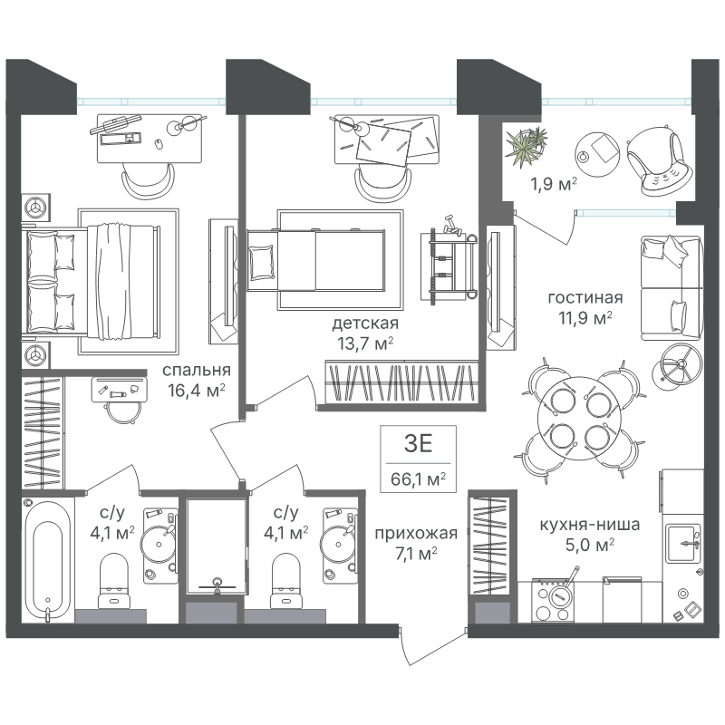 3 ккв (Евро) 63 м²