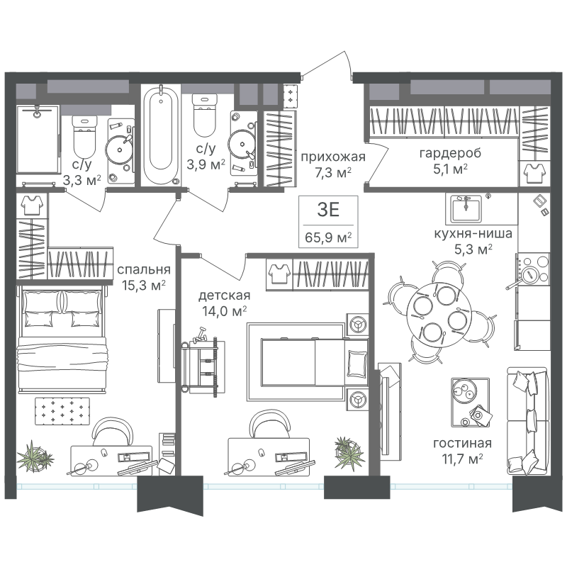 3 ккв (Евро) 65,9 м²