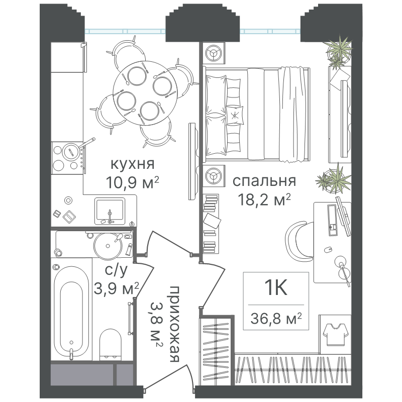 1 ккв 36,8 м²
