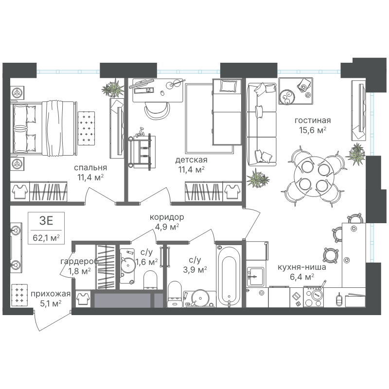 3 ккв (Евро) 62,5 м²