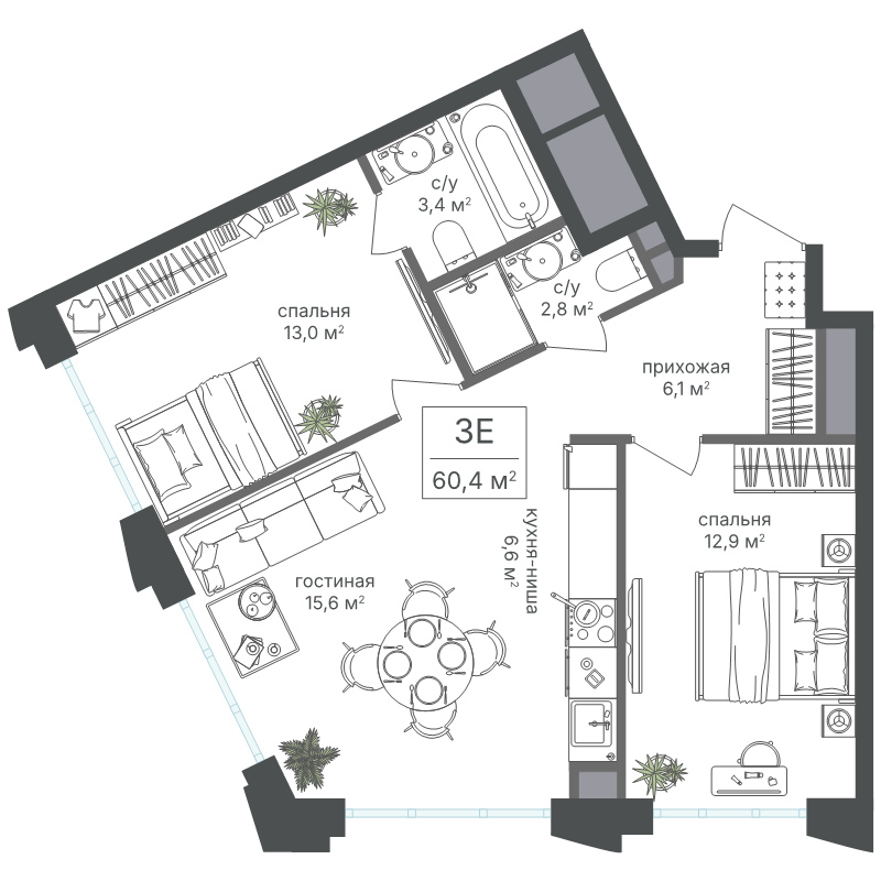 3 ккв (Евро) 60,4 м²