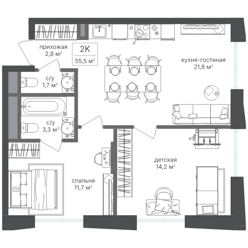 3 ккв (Евро) 55,5 м²