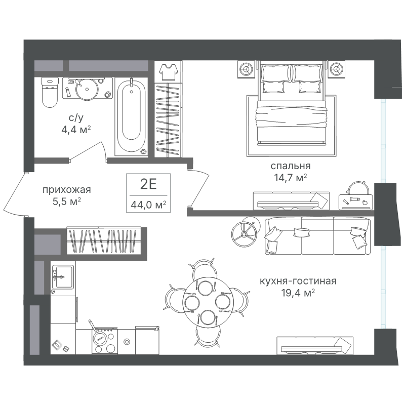 2 ккв (Евро) 43,8 м²