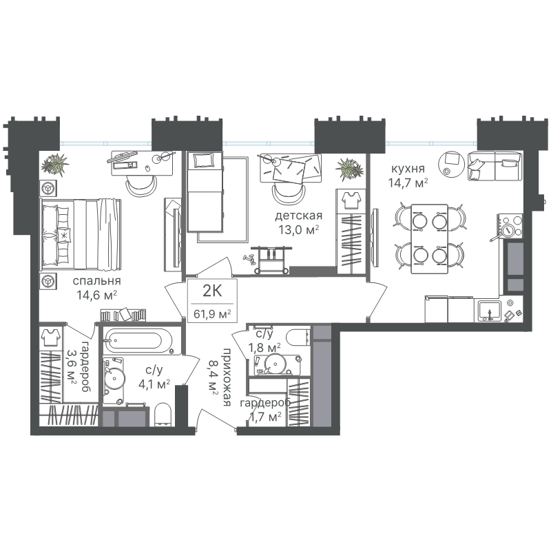 2 ккв 61,9 м²