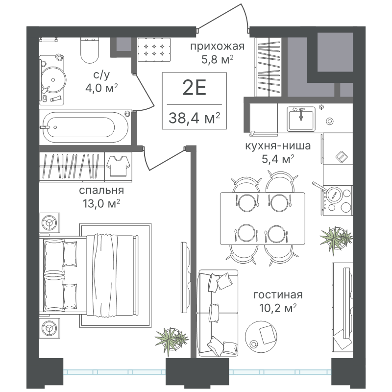 2 ккв (Евро) 38,4 м²