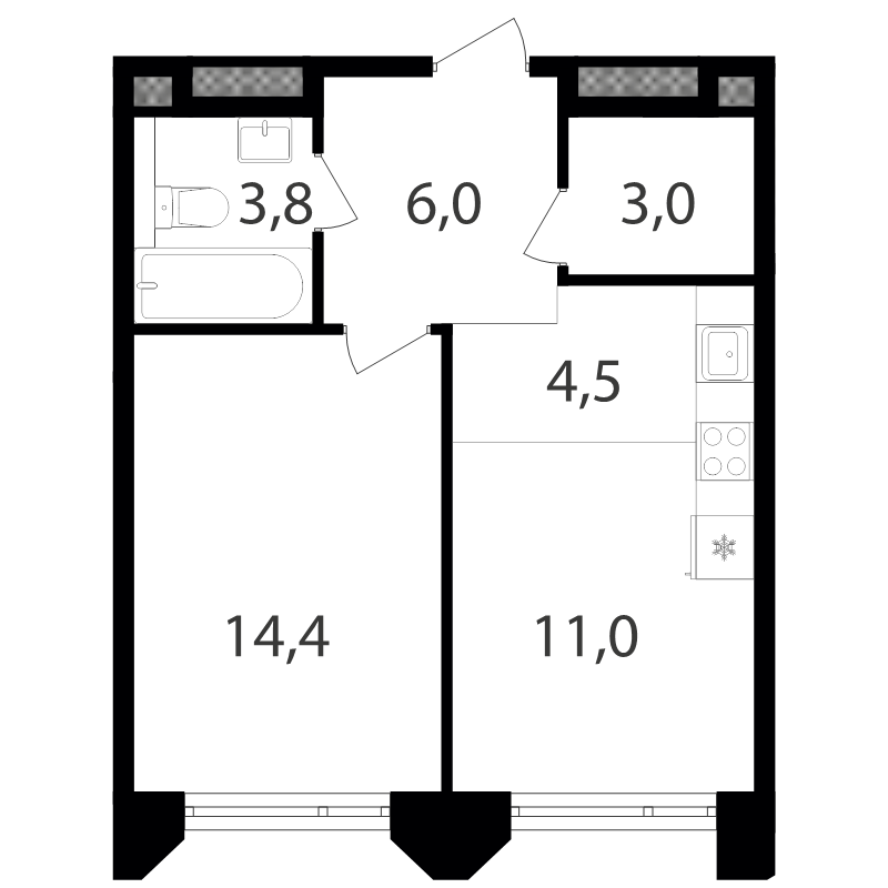 2 ккв (Евро) 42,9 м²