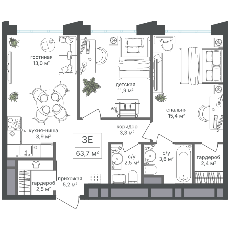 3 ккв (Евро) 63,7 м²