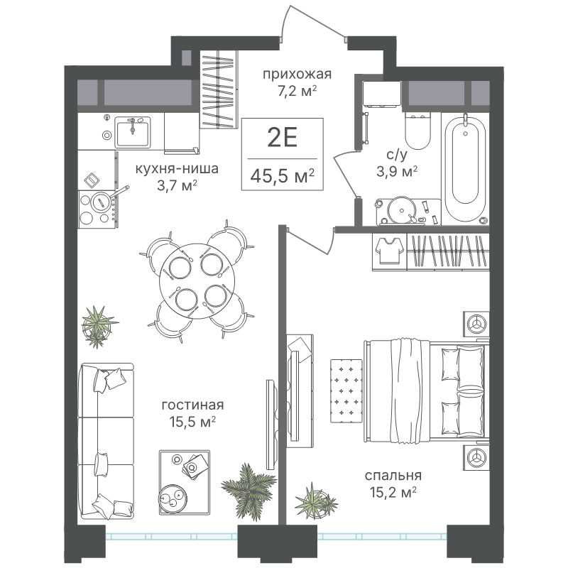 2 ккв (Евро) 45,5 м²