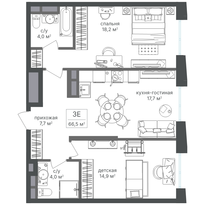 3 ккв (Евро) 66,5 м²