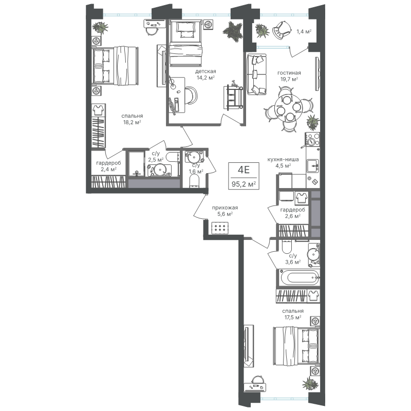 4 ккв (Евро) 93,8 м²