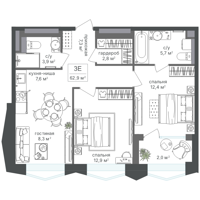 3 ккв (Евро) 62,9 м²