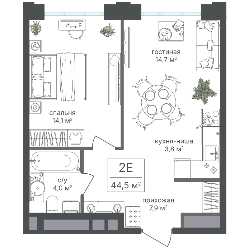 2 ккв (Евро) 44,5 м²