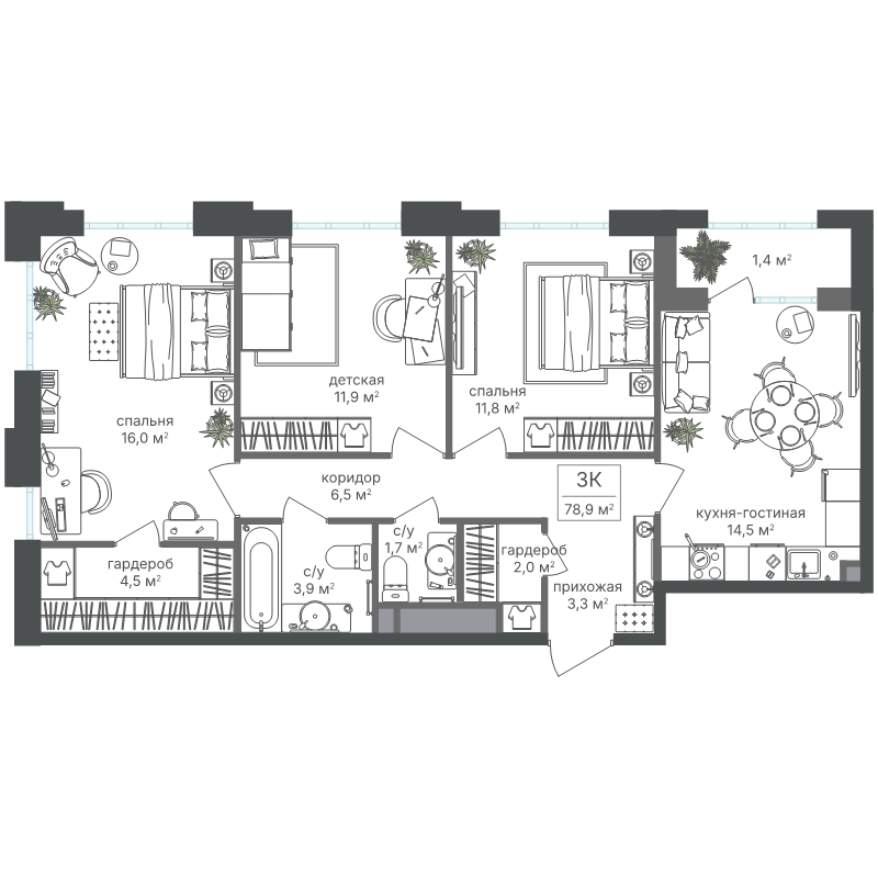 3 ккв 77,8 м²