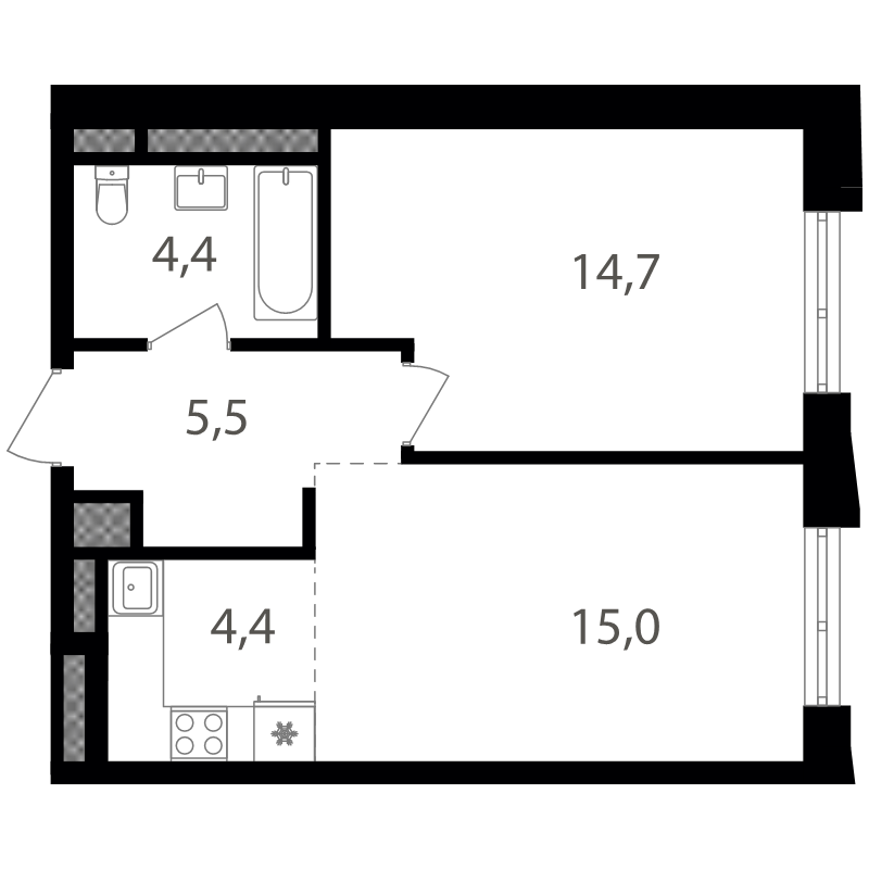2 ккв (Евро) 43,6 м²