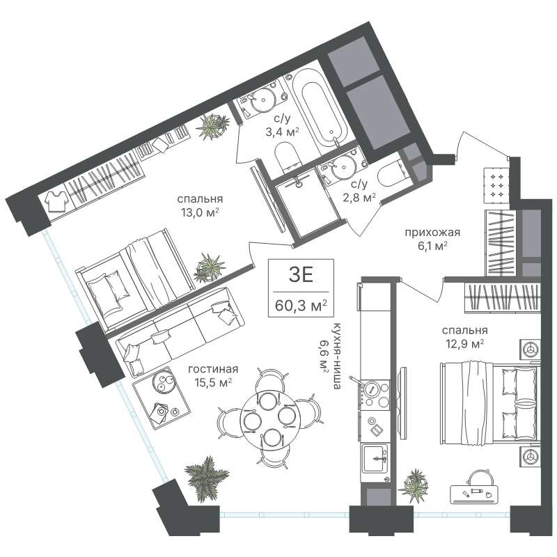 3 ккв (Евро) 60,3 м²