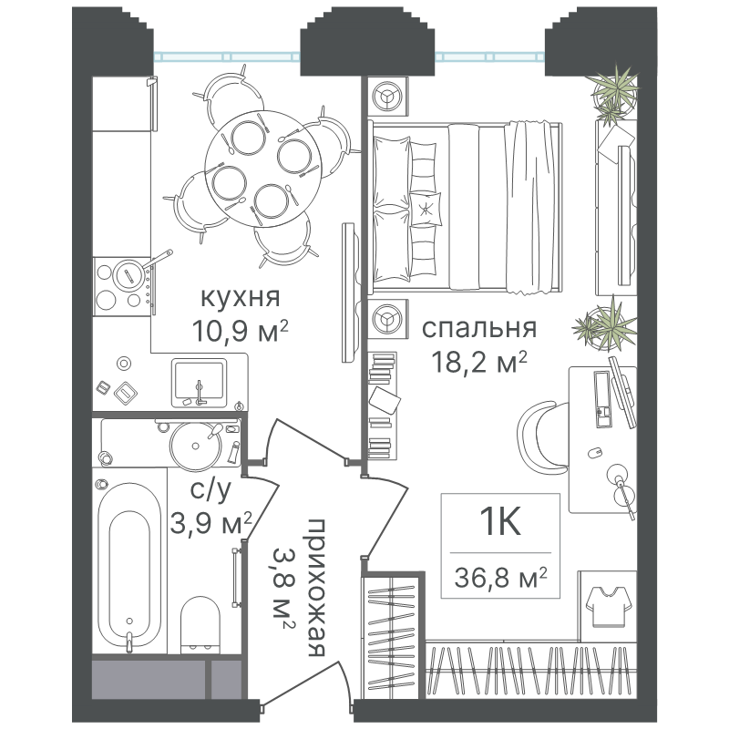 1 ккв 36,8 м²