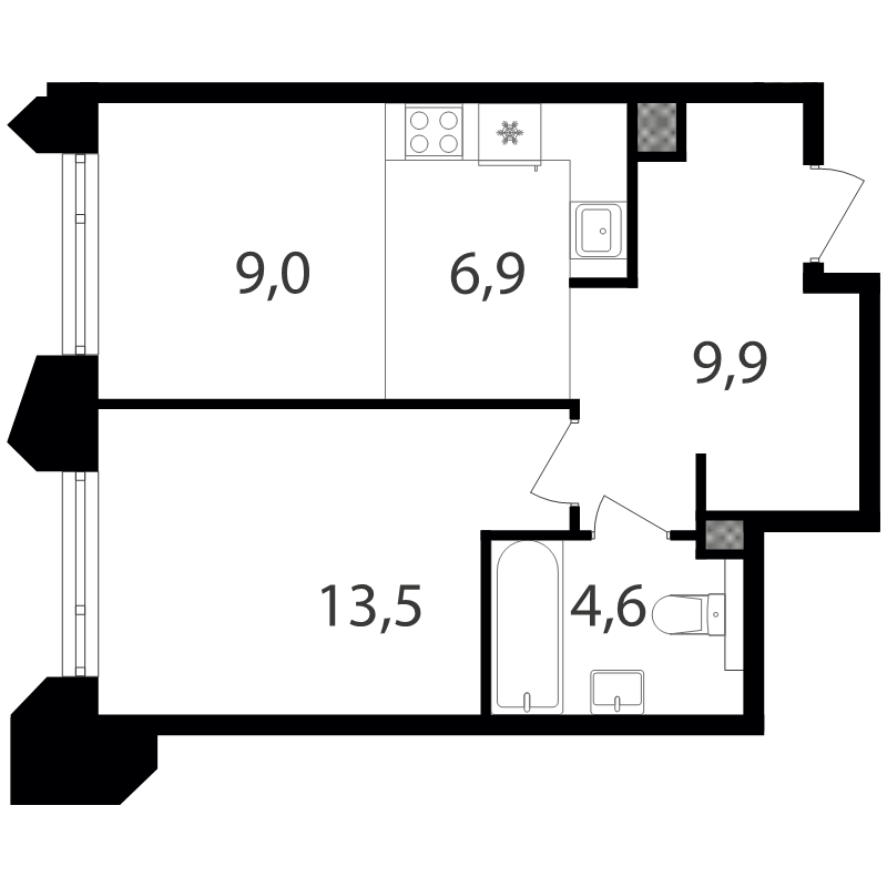 2 ккв (Евро) 44 м²