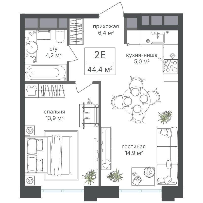 2 ккв (Евро) 44,4 м²