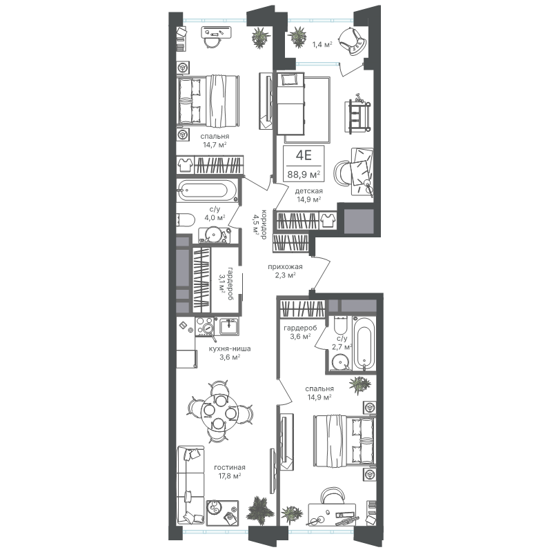 4 ккв (Евро) 87,5 м²