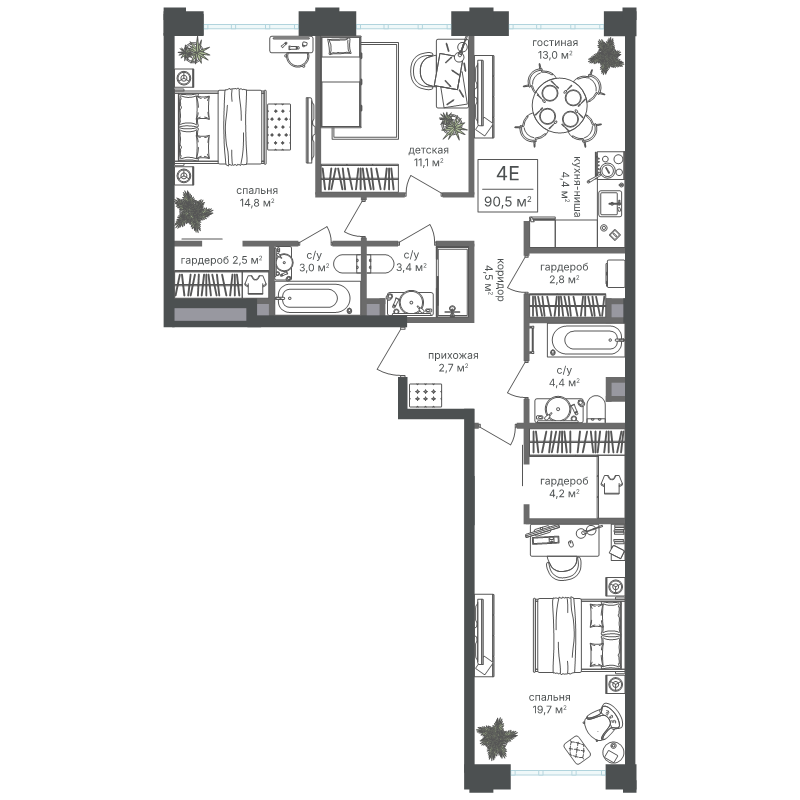 4 ккв (Евро) 90,5 м²