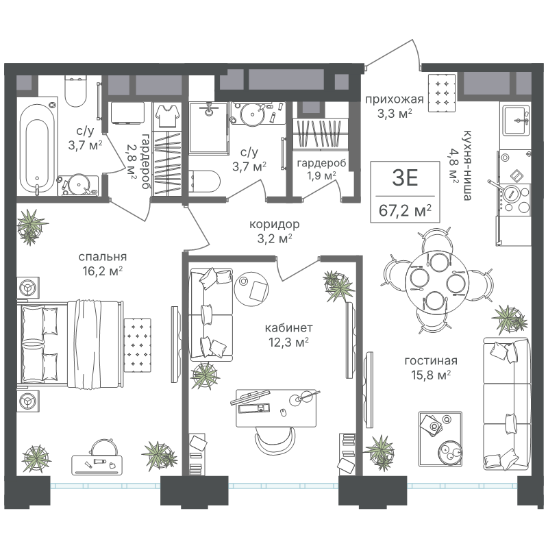 3 ккв (Евро) 67,2 м²