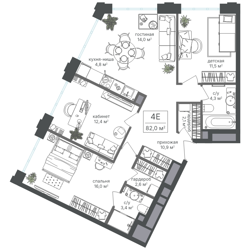 4 ккв (Евро) 82 м²