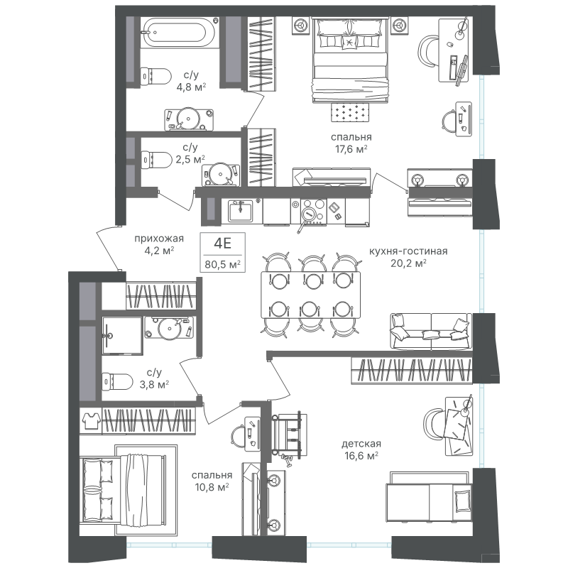 4 ккв (Евро) 79,9 м²