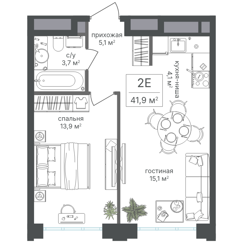2 ккв (Евро) 41,9 м²