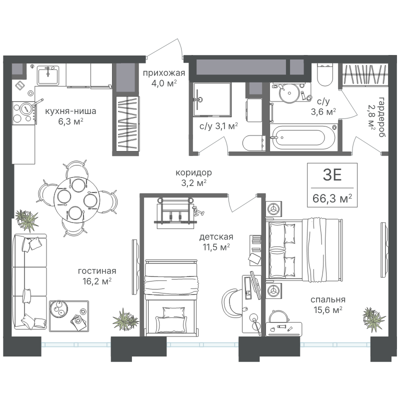 3 ккв (Евро) 66,3 м²