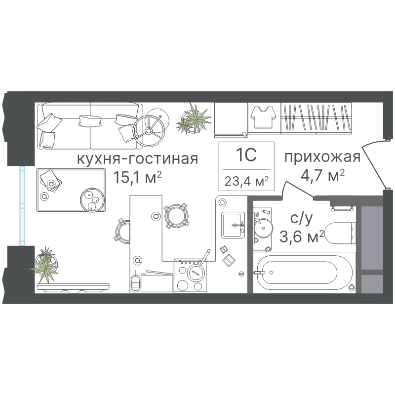 Студия 23,4 м²