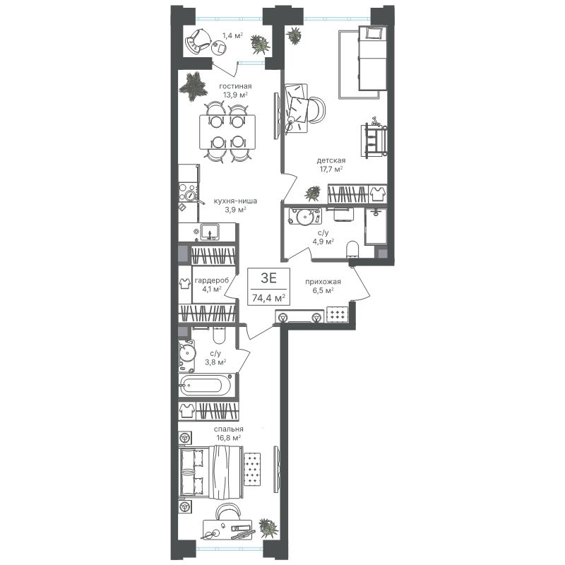 3 ккв (Евро) 73 м²
