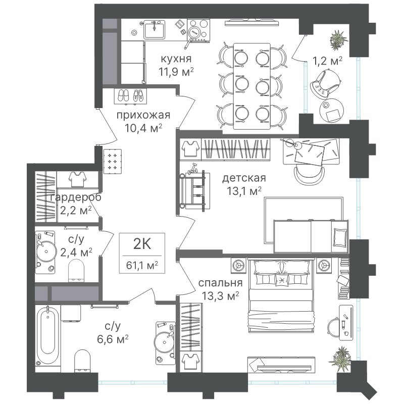 2 ккв 61,1 м²