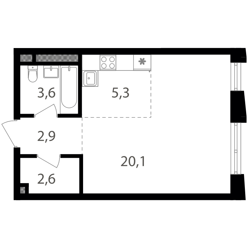 Студия 34,5 м²