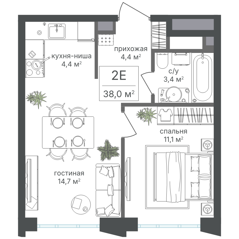 2 ккв (Евро) 38 м²
