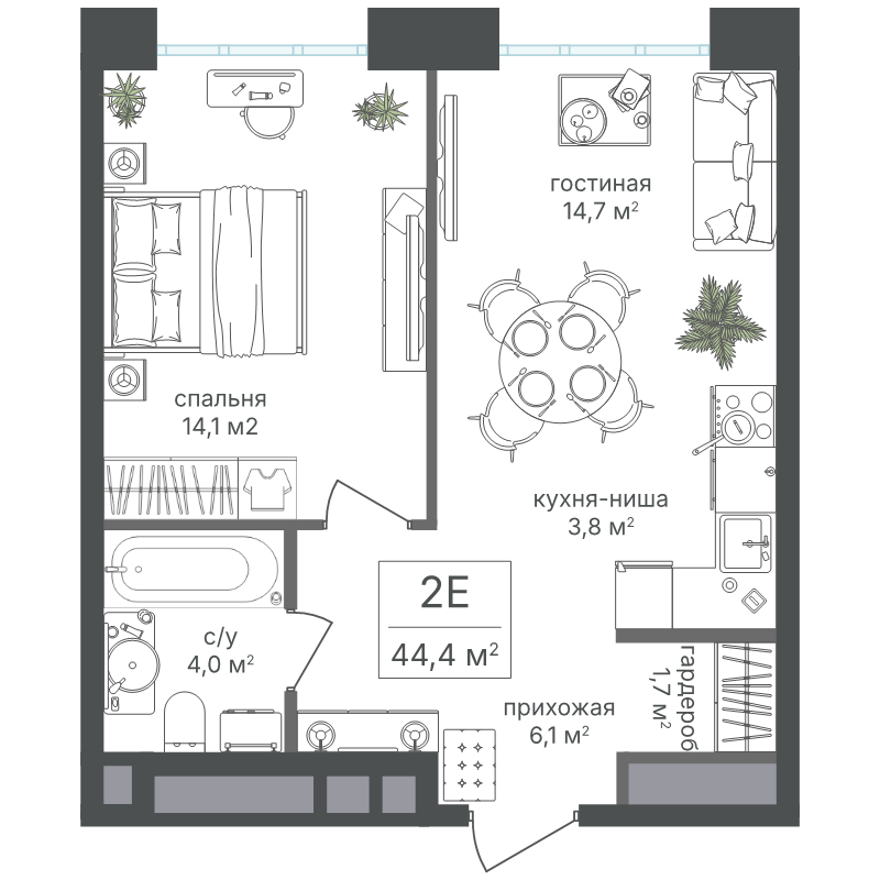 2 ккв (Евро) 44,4 м²