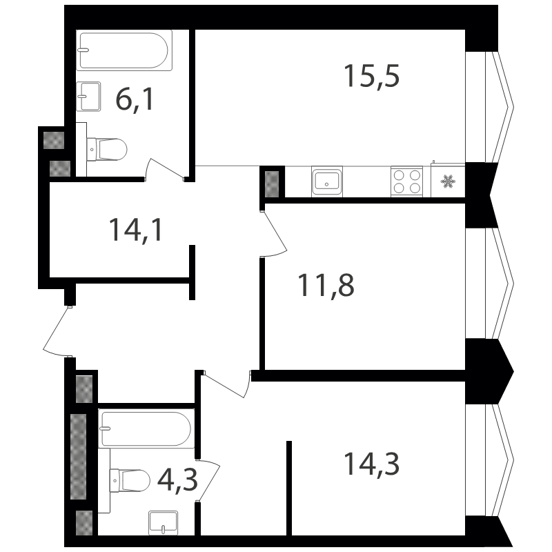 3 ккв (Евро) 66,1 м²