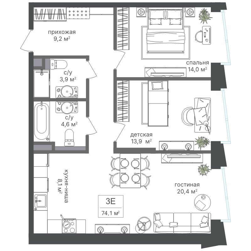 3 ккв (Евро) 74,1 м²