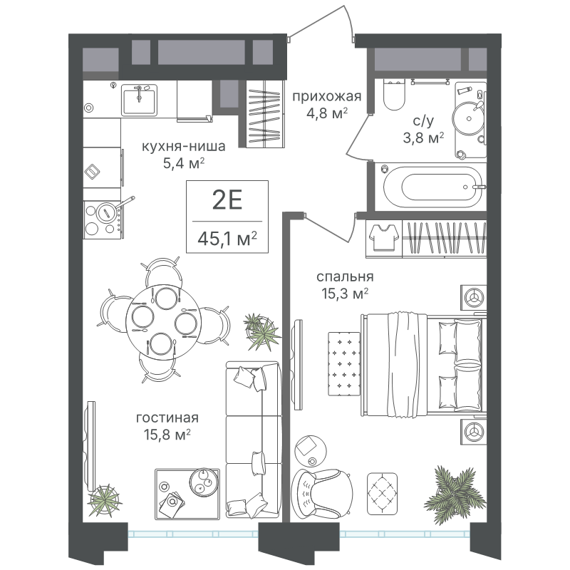2 ккв (Евро) 45,1 м²