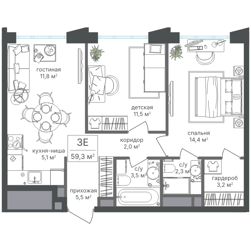 3 ккв (Евро) 59,3 м²