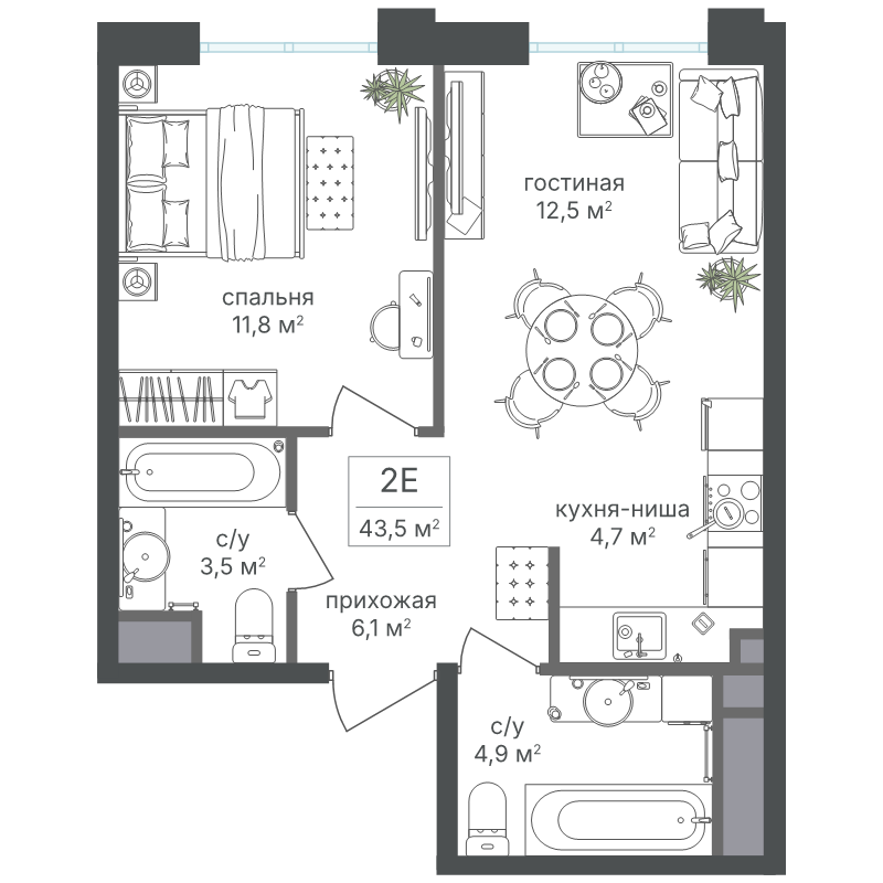 2 ккв (Евро) 43,5 м²