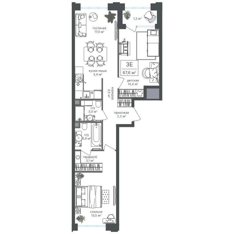 3 ккв (Евро) 66,3 м²
