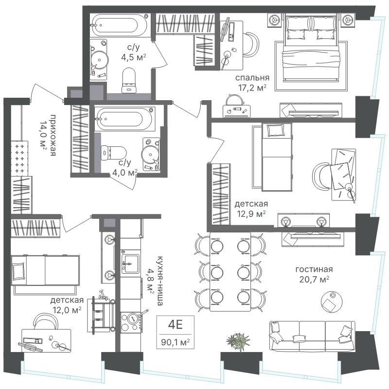 4 ккв (Евро) 90,1 м²