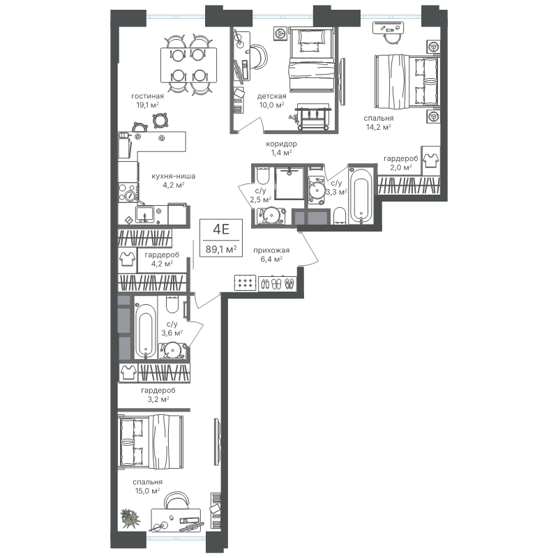 4 ккв (Евро) 89,1 м²