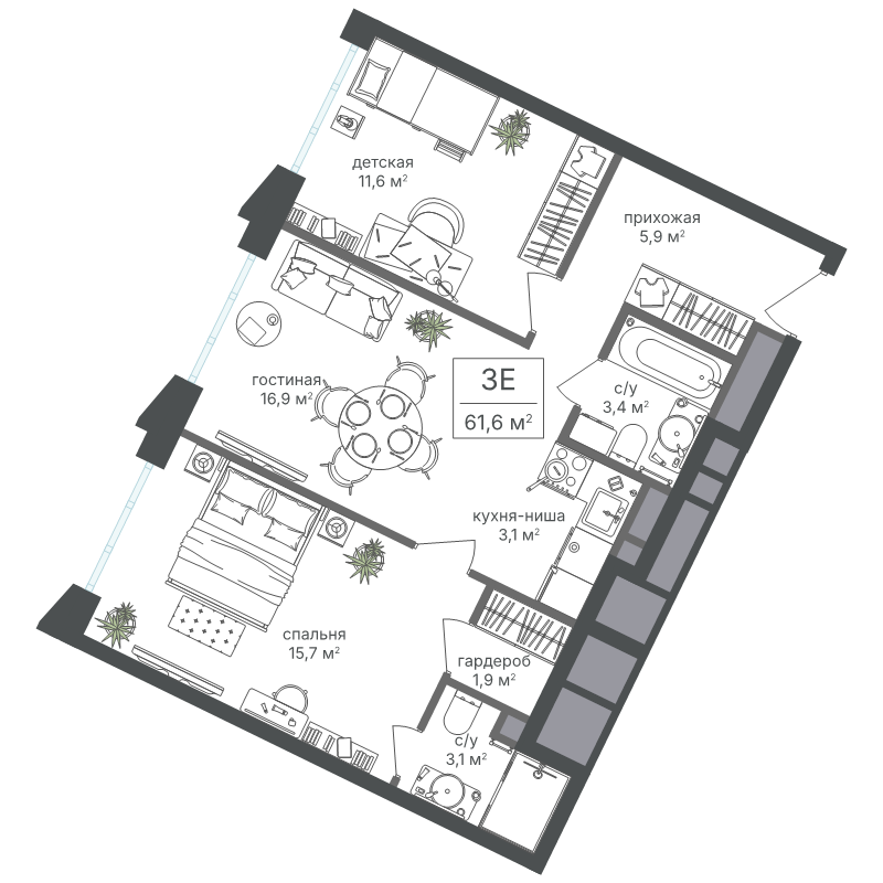 3 ккв (Евро) 61,6 м²