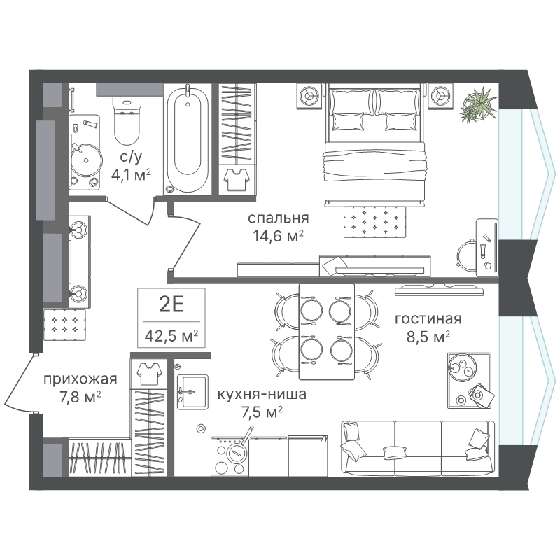 2 ккв (Евро) 42,5 м²