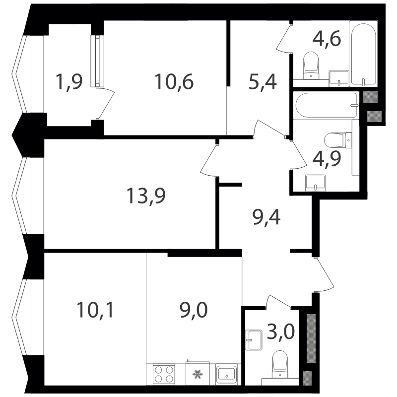 3 ккв (Евро) 72,8 м²