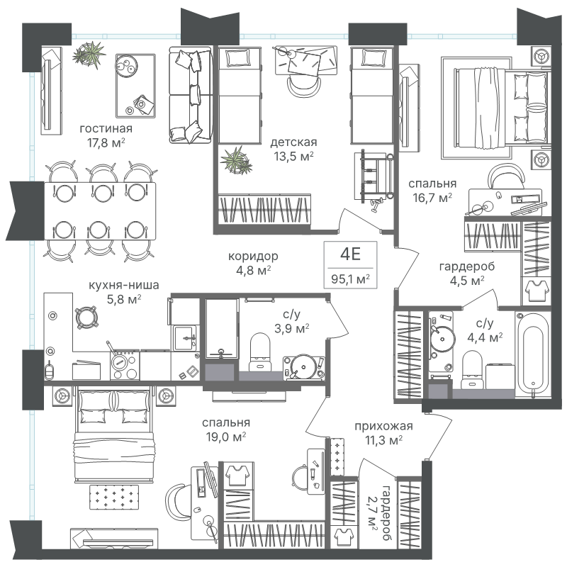 4 ккв (Евро) 94,4 м²