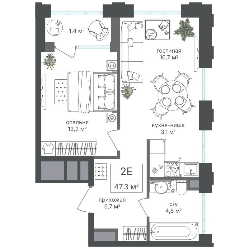 2 ккв (Евро) 45,9 м²