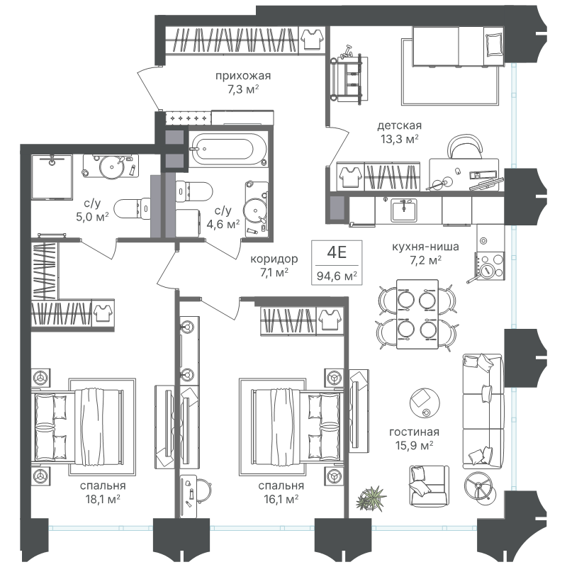 4 ккв (Евро) 94,9 м²